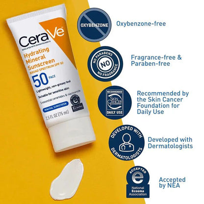 CeraVe Hydrating Mineral Sunscreen SPF 50 | Broad Spectrum UV Protection with Hyaluronic Acid & Ceramides – 50ml